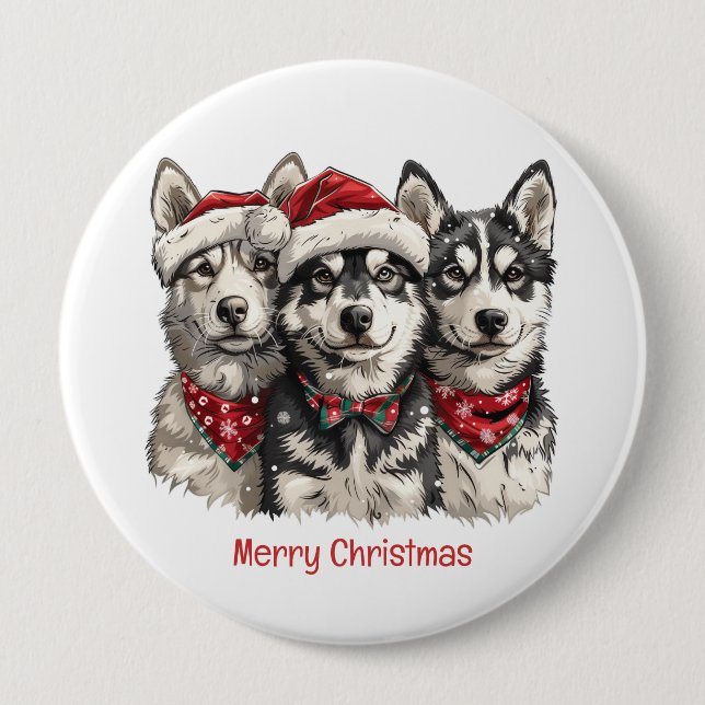 Bóton Redondo 10.16cm Feliz Natal Husky Dogs (Frente)