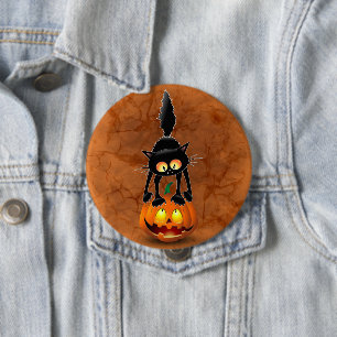 Bóton Redondo 10.16cm Gato Halloween Caricatura Assustada na Pumpkin