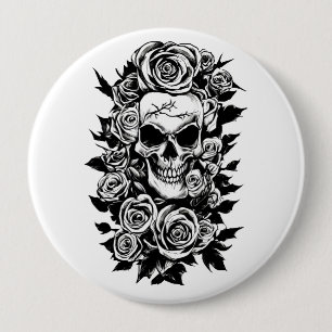 Bóton Redondo 10.16cm Gótico de Rosas de crânio humano Desenho de tinta 