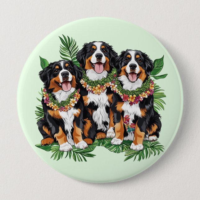 Bóton Redondo 10.16cm Hawaiian Bernese Mountain Dogs Flower Lei (Frente)