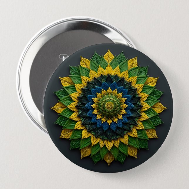 Bóton Redondo 10.16cm Imperial Solar Leaf Mandala Luxury Keychain - Emer (Frente & Verso)