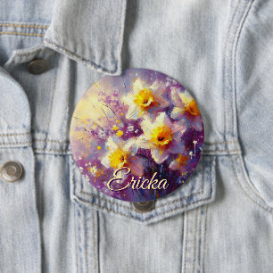 Bóton Redondo 10.16cm Impressionista Daffodil Floral Purple Personalizad