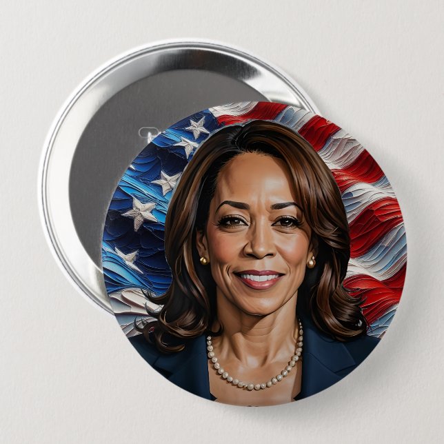 Bóton Redondo 10.16cm Kamala Harris e American Flag (Frente & Verso)