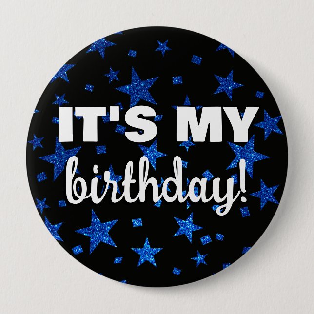 Bóton Redondo 10.16cm Marinho Blue Glitter Stars Confetti É o meu aniver (Frente)