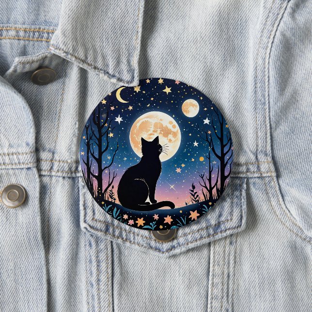 Bóton Redondo 10.16cm Mystical Cat Moon Button | Cute Night Sky Cat Pin  (In Situ)