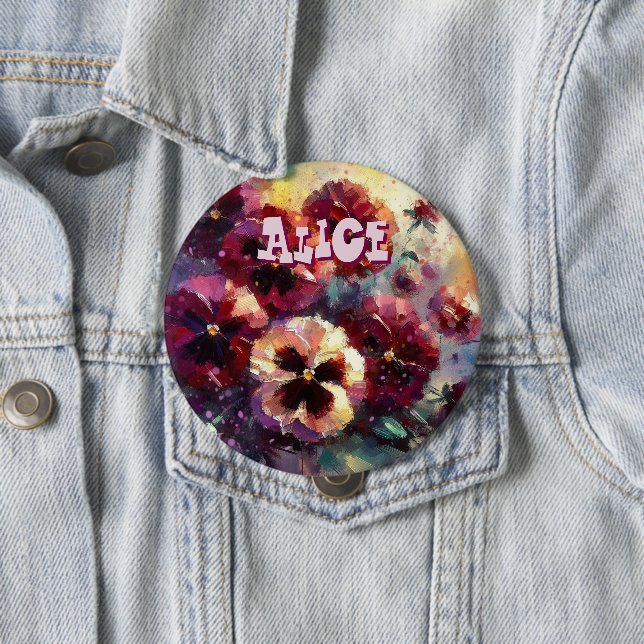 Bóton Redondo 10.16cm Pansias Florais Impressionistas Maroon Personaliza (In Situ)