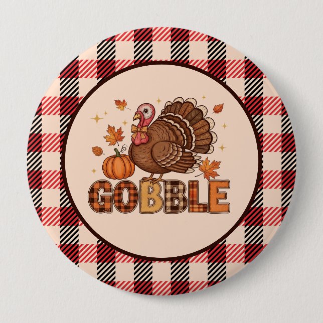 Bóton Redondo 10.16cm Plaid & Whimsy – Festive Thanksgiving Turkey (Frente)