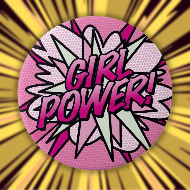 Bóton Redondo 10.16cm PODER FEMININO Rosa Divertido Quadrinho Pop Art (GIRL POWER Fun Pink Comic Book Pop Art Button)