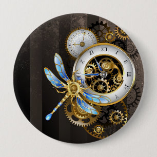 Bóton Redondo 10.16cm Relógio Steampunk com Dragonfly Mecânica