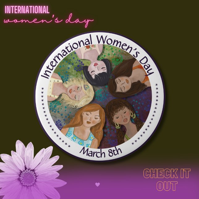 Bóton Redondo 10.16cm Retrato multiétnico do Dia Internacional da Mulher (International Women's Day multi-ethnic portrait Button)