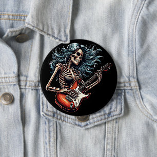 Bóton Redondo 10.16cm Rocker Skeleton abraçando guitarra Dark art
