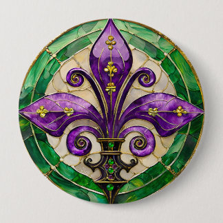 Bóton Redondo 10.16cm Vitral Mardi Gras Fleur de lis