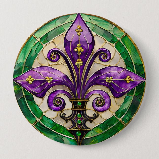 Bóton Redondo 10.16cm Vitral Mardi Gras Fleur de lis  (Frente)