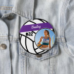 Bóton Redondo 10.16cm Volleyball Pin Name & Number Purple Photo Button<br><div class="desc">This design features a volleyball background with space for a name, number and photo. Click the customize button for more flexibility in adjusting the text! Variations of this design, other sports, as well as coordinating products are available in our shop, zazzle.com/store/doodlelulu. Contact us if you need this design applied to...</div>