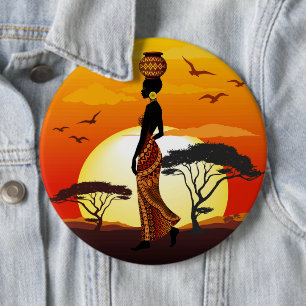 Bóton Redondo 15.24cm A linda mulher africana Silhouette sobre os sóis a