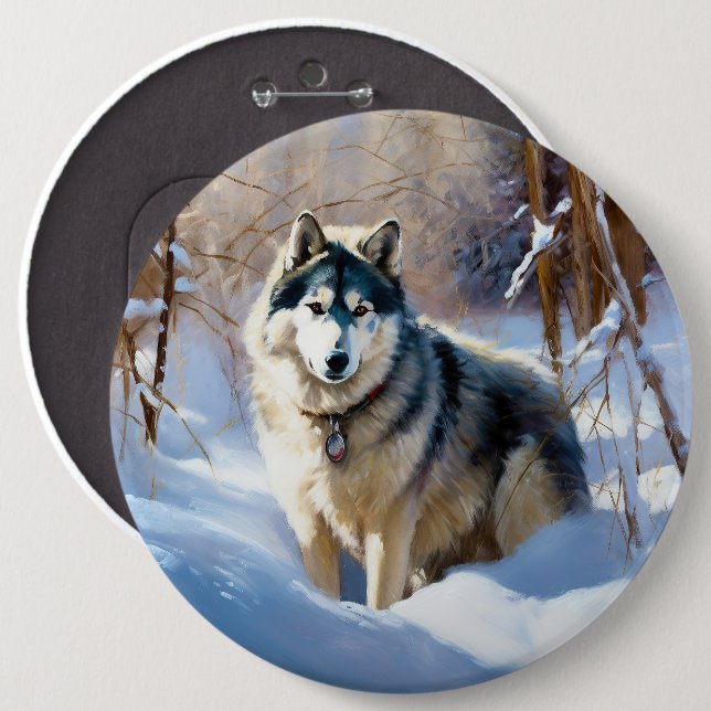 Bóton Redondo 15.24cm Aaskan Malamute Deixe Nevar Natal (Frente & Verso)