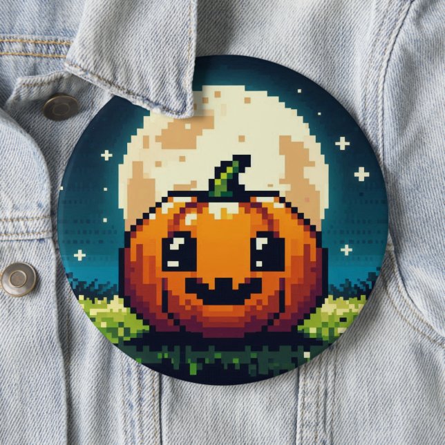 Bóton Redondo 15.24cm Abóbora de Halloween de 8 bits sob a lua (In Situ)