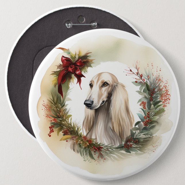 Bóton Redondo 15.24cm Afghan Hound Christmas Wreath Festivo Pup (Frente & Verso)