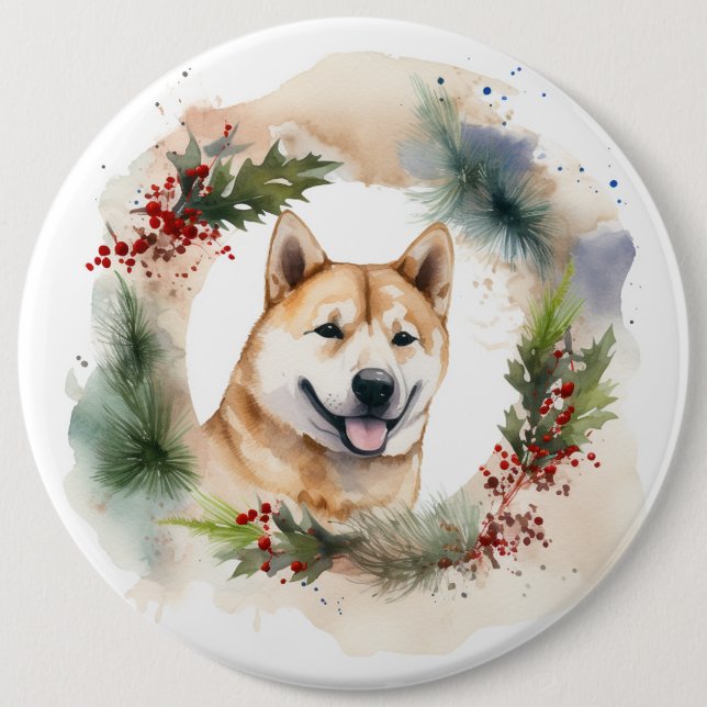 Bóton Redondo 15.24cm Akita Christmas Wreath Festivo Pup (Frente)