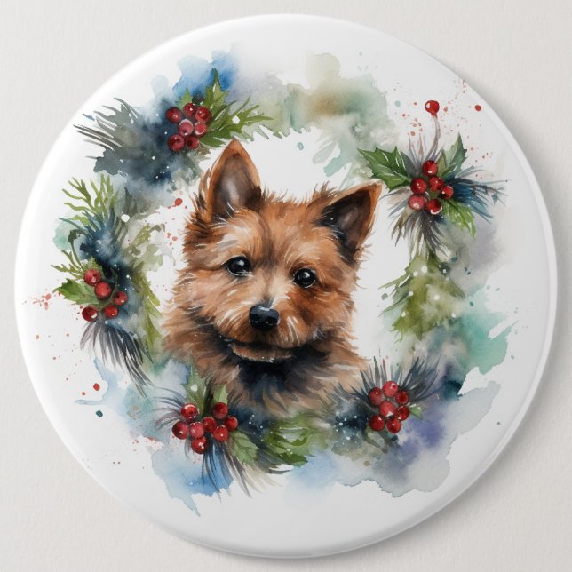 Bóton Redondo 15.24cm Austrália Terrier Christmas Wreath Festivo Pup (Frente)