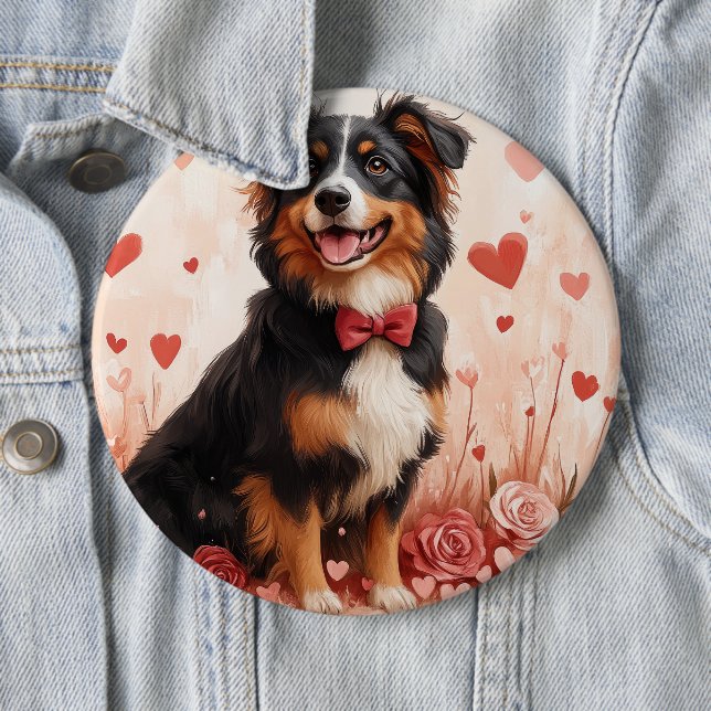 Bóton Redondo 15.24cm Australian Shepherd com Rosas - Dia dos Namorados  (In Situ)