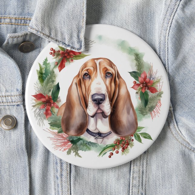 Bóton Redondo 15.24cm Basset Hound Christmas Wreath Festivo Pup (In Situ)