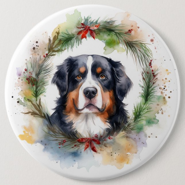 Bóton Redondo 15.24cm Bernese Mountain Christmas Wreath Festivo (Frente)