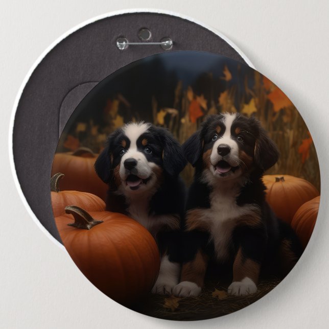 Bóton Redondo 15.24cm Bernese Mountain Puppy Autumn Delight Pumpkin (Frente & Verso)