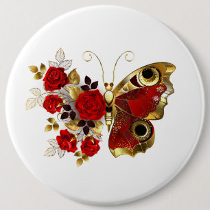 Bóton Redondo 15.24cm Borboleta de flor vermelha com rosas vermelhas