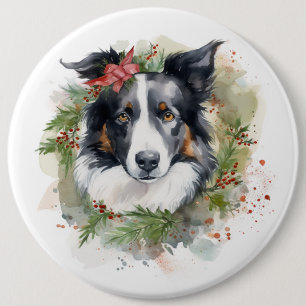 Bóton Redondo 15.24cm Border Collie Christmas Wreath Festivo Pup