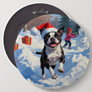 Bóton Redondo 15.24cm Boston Terrier Cena de Natal Festivo na Neve