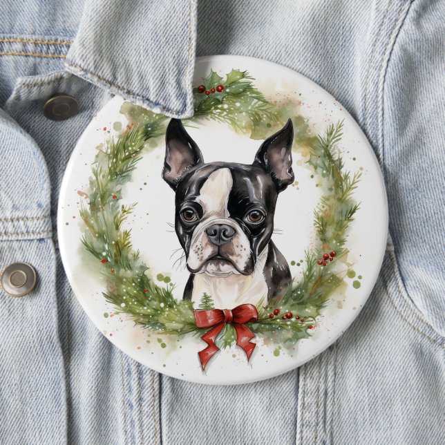 Bóton Redondo 15.24cm Boston Terrier Christmas Wreath Festivo Pup (In Situ)