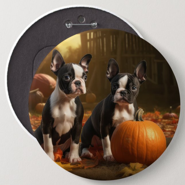Bóton Redondo 15.24cm Boston Terrier Puppy Autumn Delight Pumpkin (Frente & Verso)