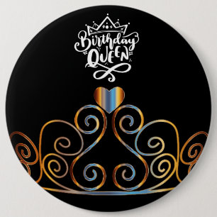 Bóton Redondo 15.24cm Botão Rainha de Aniversário Preto e Dourado