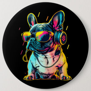 Bóton Redondo 15.24cm Bulldog Francês Retrowave com Fones de ouvido e Su