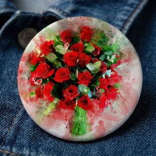 Bóton Redondo 15.24cm Buquê de Rosas Vermelhas Aquarela em Fundo Branco