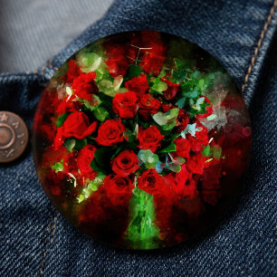 Bóton Redondo 15.24cm Buquê de Rosas Vermelhas Aquarela em Fundo Preto