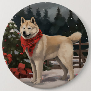Bóton Redondo 15.24cm Cachorro Akita na Neve Natal