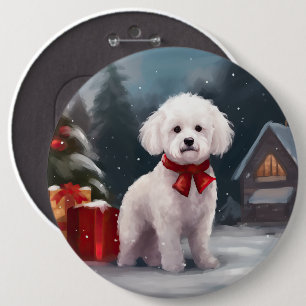 Bóton Redondo 15.24cm Cachorro Bichon Frise na Neve Natal