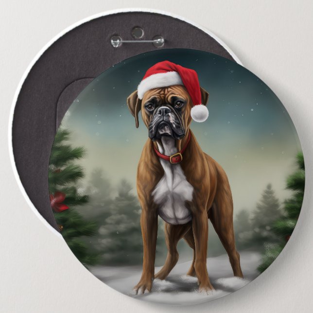 Bóton Redondo 15.24cm Cachorro Boxer na Neve Natal  (Frente & Verso)
