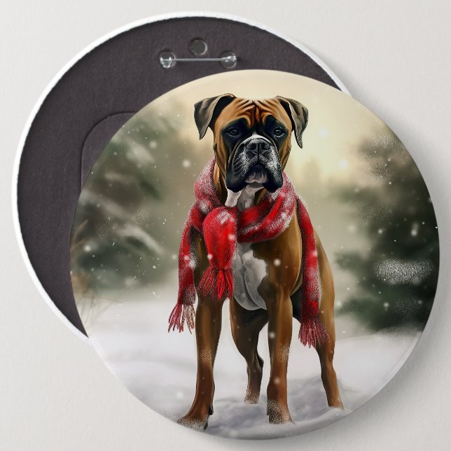 Bóton Redondo 15.24cm Cachorro Boxer na Neve Natal (Frente & Verso)