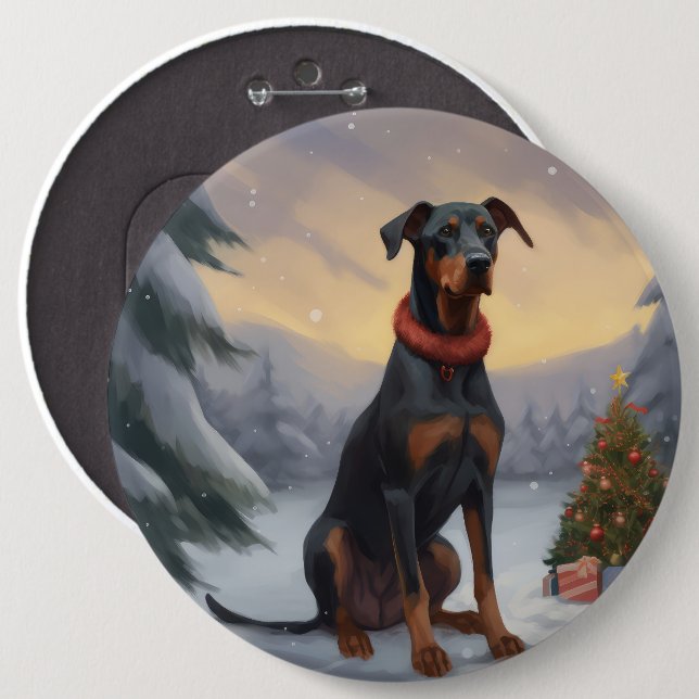 Bóton Redondo 15.24cm Cachorro Doberman no Natal da Neve (Frente & Verso)