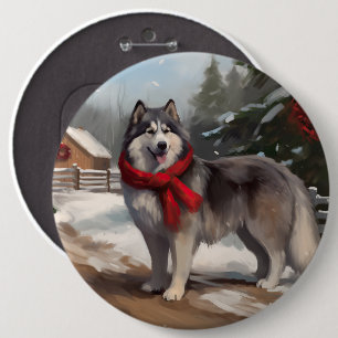 Bóton Redondo 15.24cm Cachorro Malamute do Alasca na Neve Natal