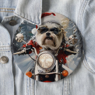 Bóton Redondo 15.24cm Cachorro Malti Tzu Pilotando Motocicleta Natal