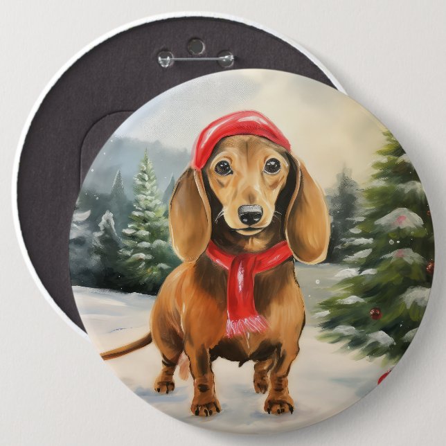 Bóton Redondo 15.24cm Cachorro na neve no Natal (Frente & Verso)