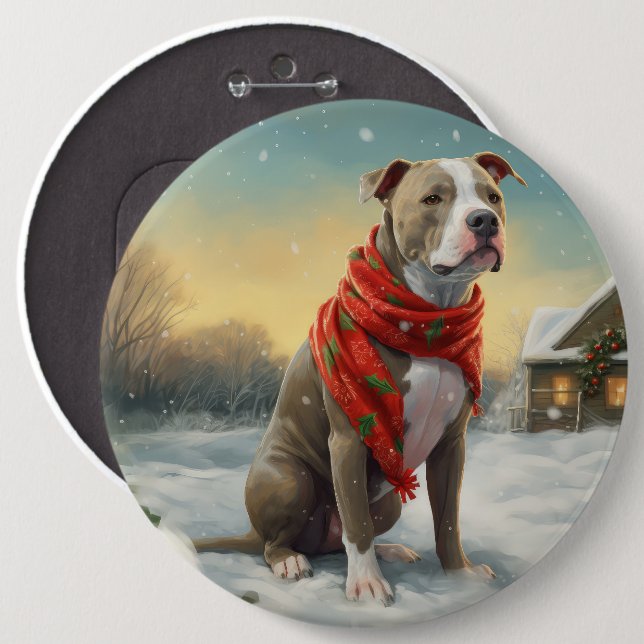 Bóton Redondo 15.24cm Cachorro Pitbull na Neve Natal (Frente & Verso)