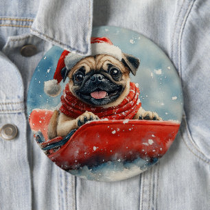 Bóton Redondo 15.24cm Cachorro Pug em Trenó Deixe Nevar Natal