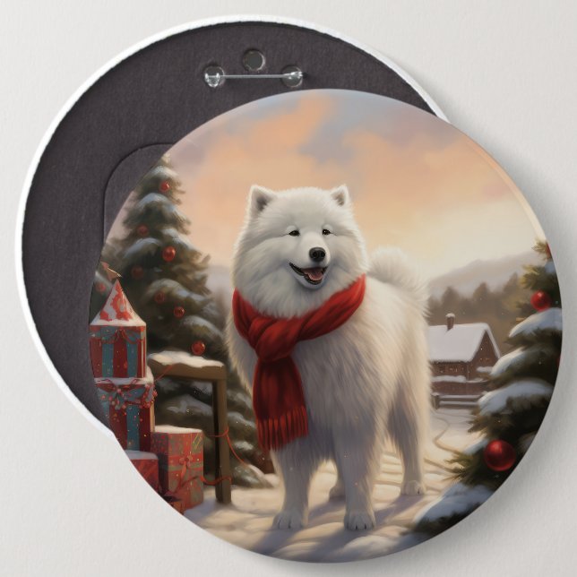 Bóton Redondo 15.24cm Cachorro Samoyed no Natal da Neve (Frente & Verso)