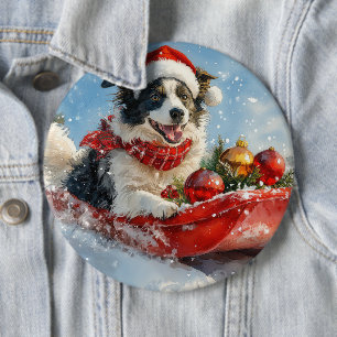 Bóton Redondo 15.24cm Cão Border Collie em Trenó Deixe Nevar Natal