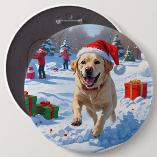 Bóton Redondo 15.24cm Cão Labrador Correndo na Neve com Chapéu de Natal